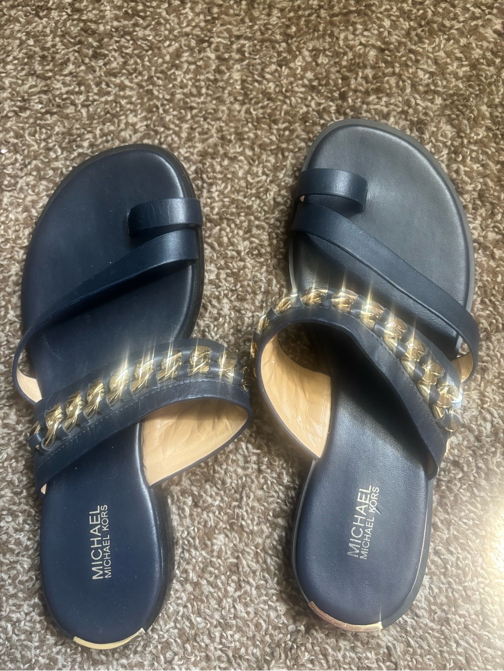 MICHAEL Michael Kors Black Slide Sandals with Gold Chain Accent